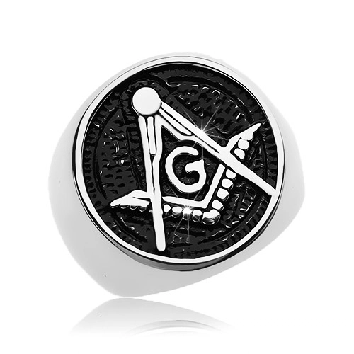 Prsten z chirurgické oceli, symbol svobodných zednářů v patinovaném kruhu - Velikost: 68
