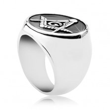 Prsten z chirurgické oceli, symbol svobodných zednářů v patinovaném kruhu