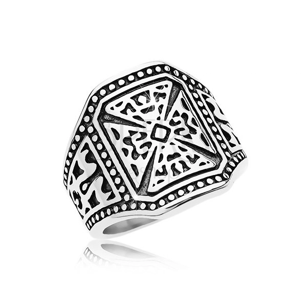 Mohutný prsten stříbrné barvy, ocel 316L, maltézský kříž, zdobená ramena