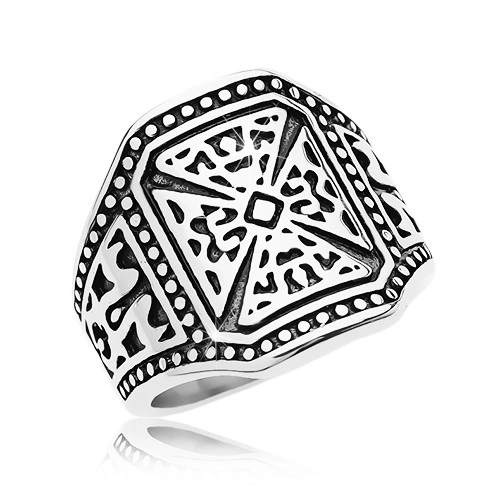 Mohutný prsten stříbrné barvy, ocel 316L, maltézský kříž, zdobená ramena - Velikost: 63