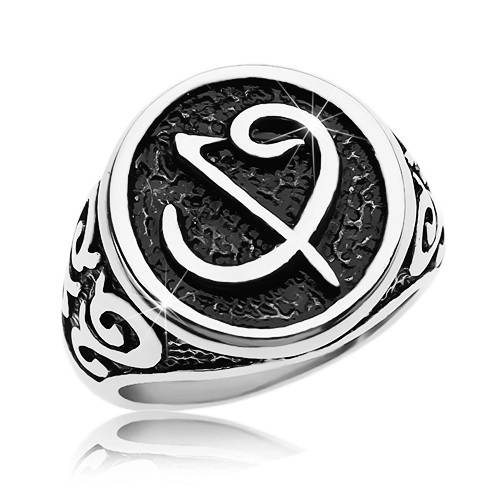 Prsten z chirurgické oceli - černá pečeť se symbolem, ornamenty na ramenech - Velikost: 58