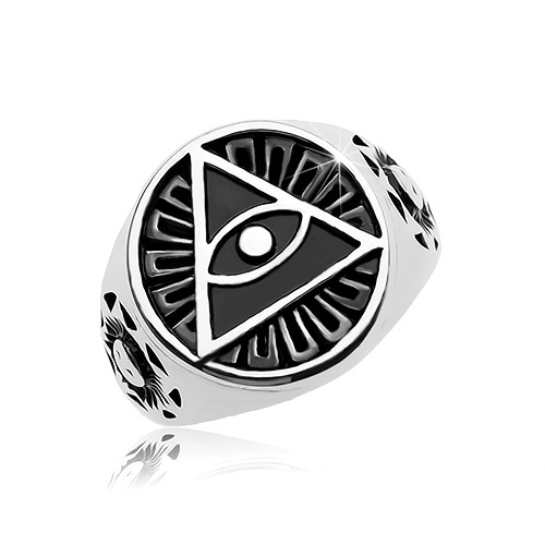 Prsten z oceli 316L, černý patinovaný kruh a trojúhelník s okem - Velikost: 59