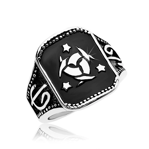 Ocelový prsten, černý obdélník s keltským uzlem a třemi hvězdami - Velikost: 69