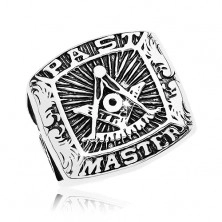 Prsten z chirurgické oceli, symboly svobodných zednářů a nápis, černá patina