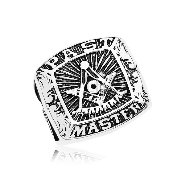 Prsten z chirurgické oceli, symboly svobodných zednářů a nápis, černá patina