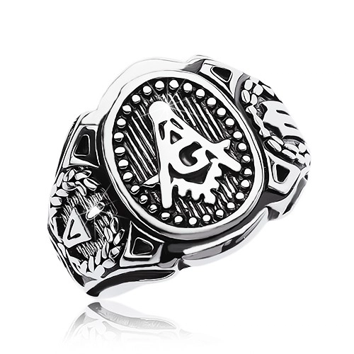 Prsten z chirurgické oceli, velký ovál a symboly svobodných zednářů - Velikost: 59
