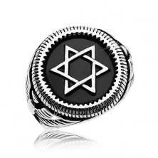 Mohutný prsten stříbrné barvy, ocel 316L, Davidova hvězda v černém kruhu