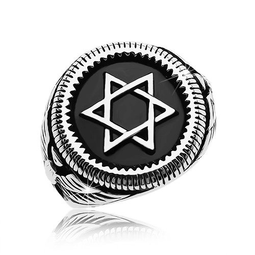 Mohutný prsten stříbrné barvy, ocel 316L, Davidova hvězda v černém kruhu - Velikost: 60