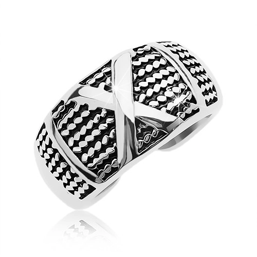 Patinovaný ocelový prsten se vzorem tenkých řetízků a s velkým X - Velikost: 60