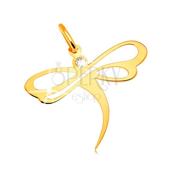 Přívěsek ve žlutém 14K zlatě - vážka se vsazeným zirkonem a výřezy na křídlech