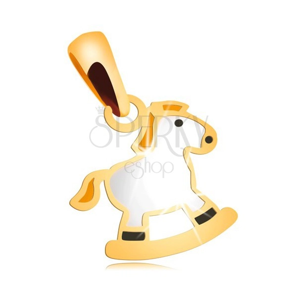 Přívěsek ve žlutém 14K zlatě - bílý houpací koník se žlutou hřívou