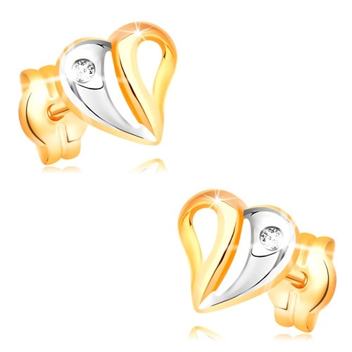 Levně Briliantové náušnice ve žlutém a bílém 14K zlatě - srdce s výřezy a diamantem
