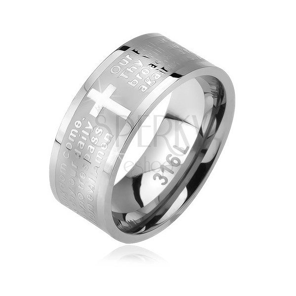 Ocelový prsten, matný pás s lesklým křížem a modlitbou otčenáš, 6 mm