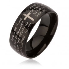 Černý prsten z chirurgické oceli, kříž stříbrné barvy, modlitba otčenáš, 6 mm