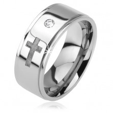 Lesklý ocelový prsten - vystouplý pás, čirý zirkon, matný kříž, 6 mm