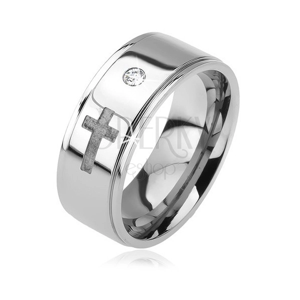 Lesklý ocelový prsten - vystouplý pás, čirý zirkon, matný kříž, 6 mm
