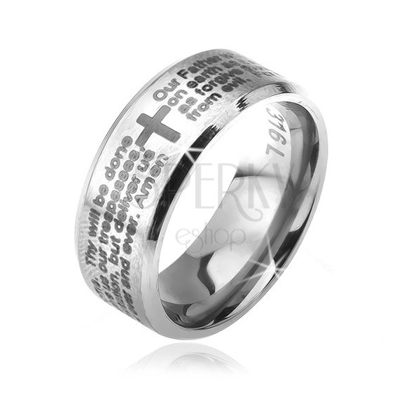Prsten z chirurgické oceli stříbrné barvy, zkosené okraje, modlitba otčenáš, 6 mm