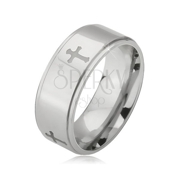 Ocelový prsten stříbrné barvy, vyryté křížky a snížené okraje, 6 mm