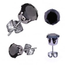 Ocelové náušnice ve stříbrném odstínu, černý kulatý zirkon, 5 mm