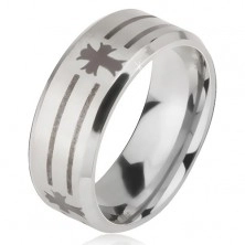 Prsten z oceli 316L stříbrné barvy, potisk s proužky a kříži, 6 mm