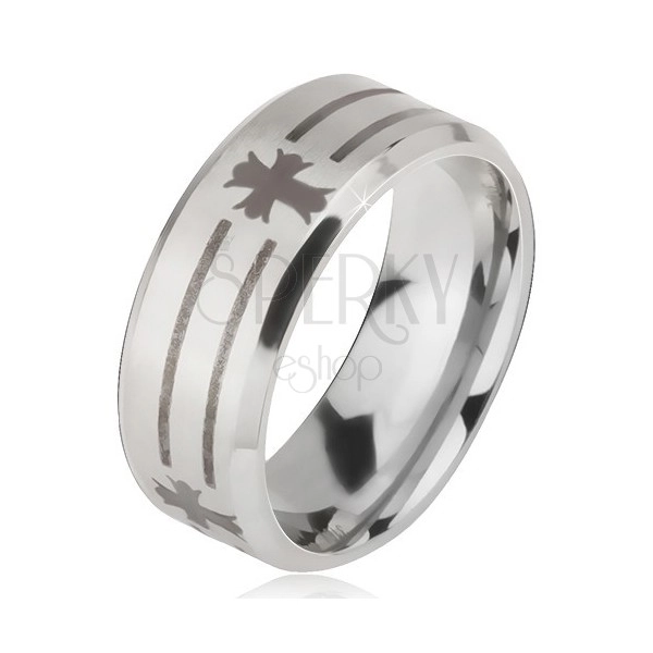 Prsten z oceli 316L stříbrné barvy, potisk s proužky a kříži, 6 mm