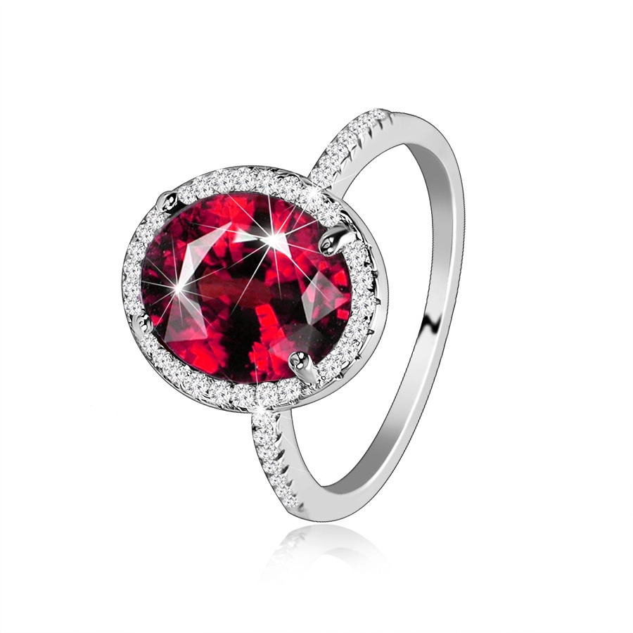 Stříbrný 925 prsten - oválný červený zirkon, čirá zirkonová obruba - Velikost: 53
