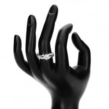 Stříbrný prsten 925, rozdvojená zvlněná ramena, kulatý čirý zirkon