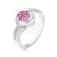 Prsten ze stříbra 925, zirkonový květ světle růžové barvy, zvlněná ramena