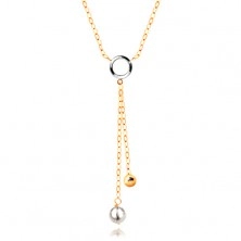 Zlatý 14K náhrdelník - bílá perla a lesklá kulička na řetízcích