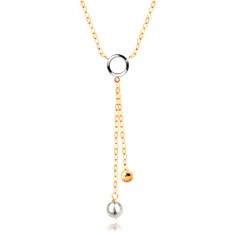 Zlatý 14K náhrdelník - bílá perla a lesklá kulička na řetízcích