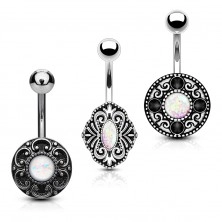 Sada tří ocelových piercingů do bříška, imitace opálů, ornamenty, patina