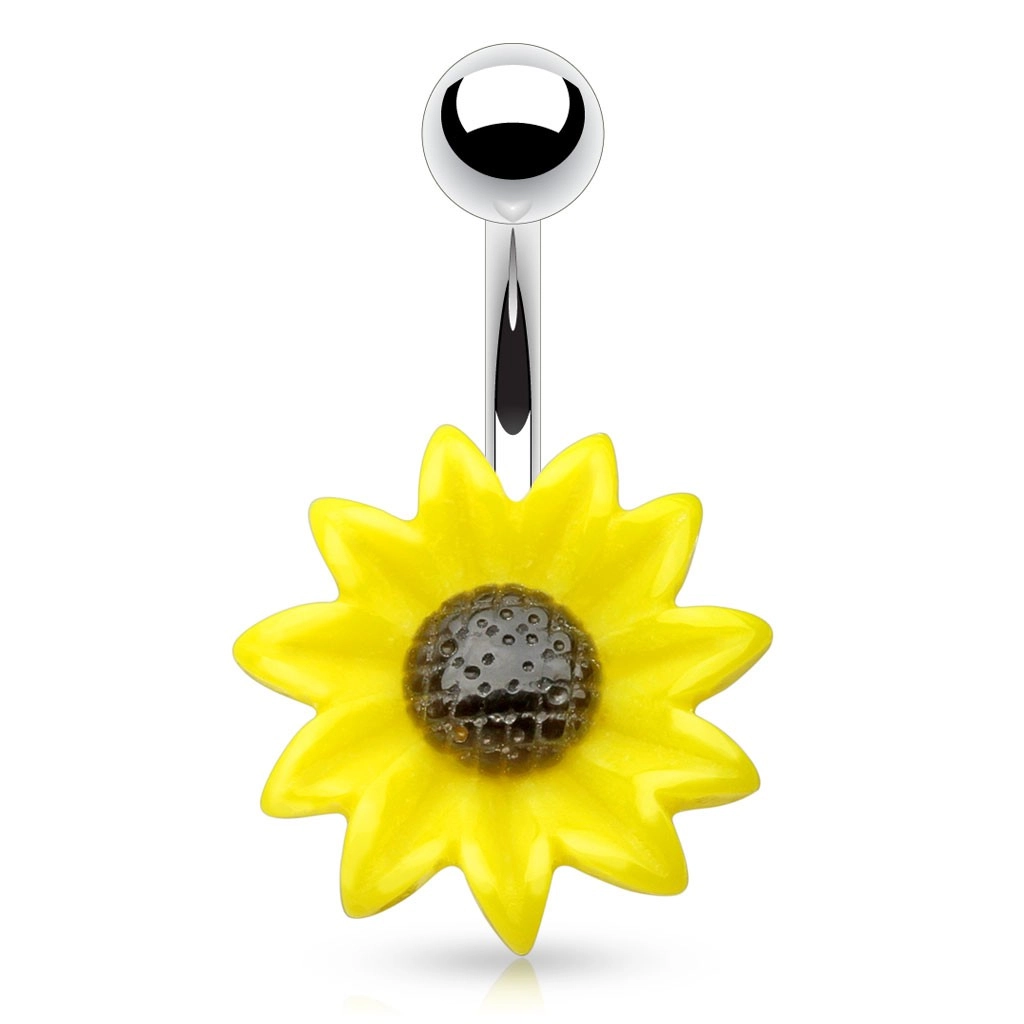 Levně Ocelový piercing do pupíku, akrylový žlutočerný květ slunečnice
