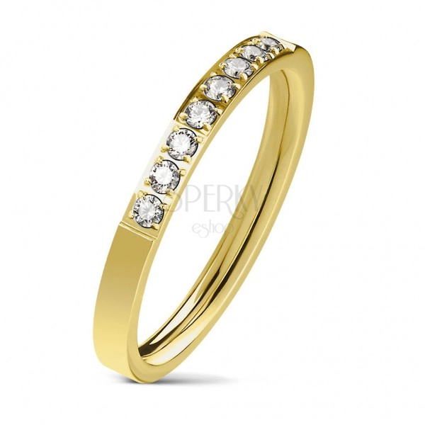 Ocelový prsten zlaté barvy, linie čirých zirkonů, lesklý povrch, 2,5 mm