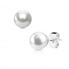 Ocelové náušnice stříbrné barvy s bílou syntetickou perlou
