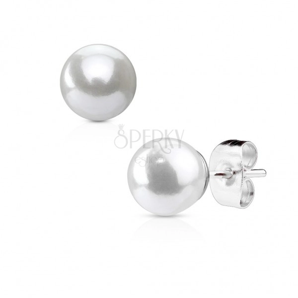 Ocelové náušnice stříbrné barvy s bílou syntetickou perlou