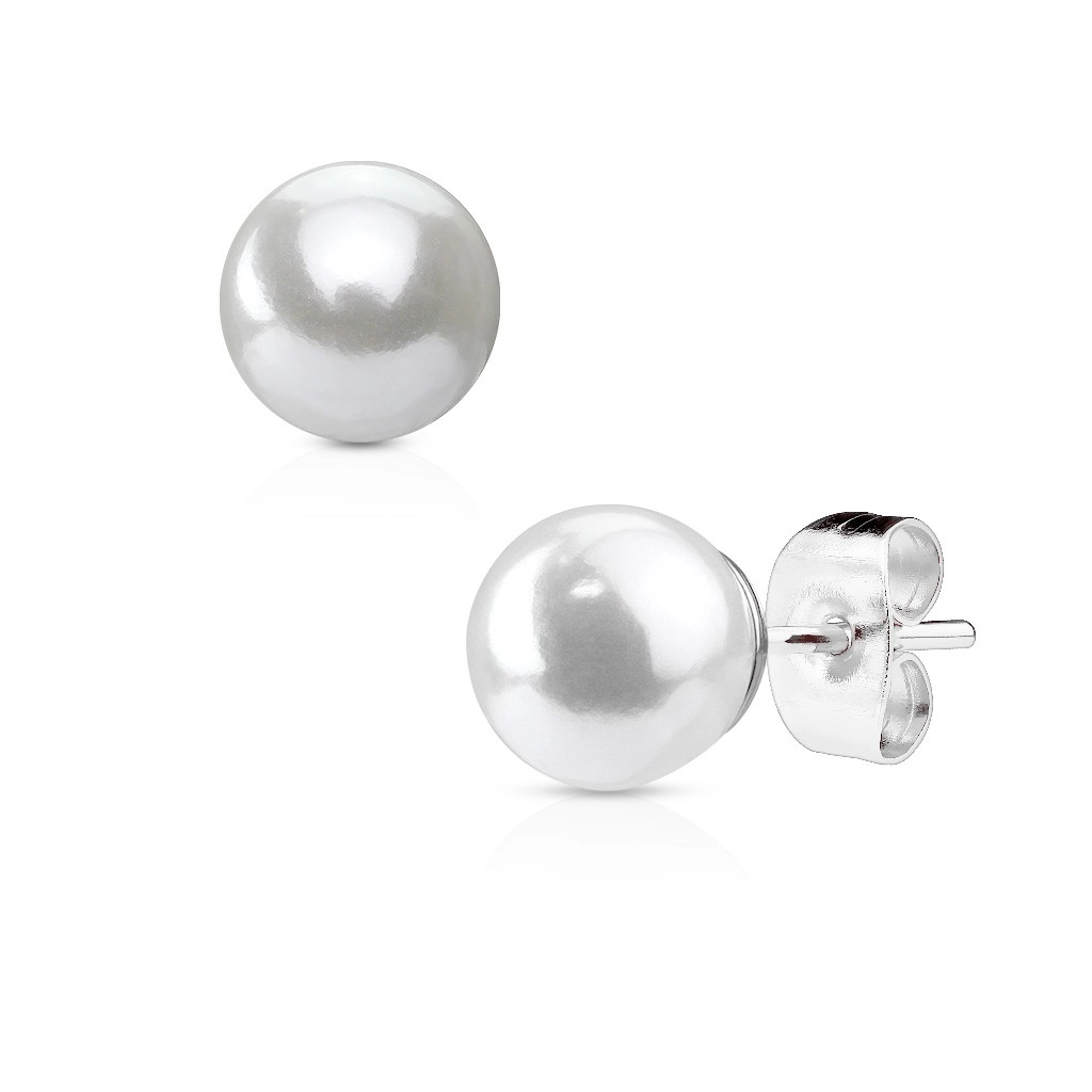 Ocelové náušnice stříbrné barvy s bílou syntetickou perlou - Průměr: 6 mm