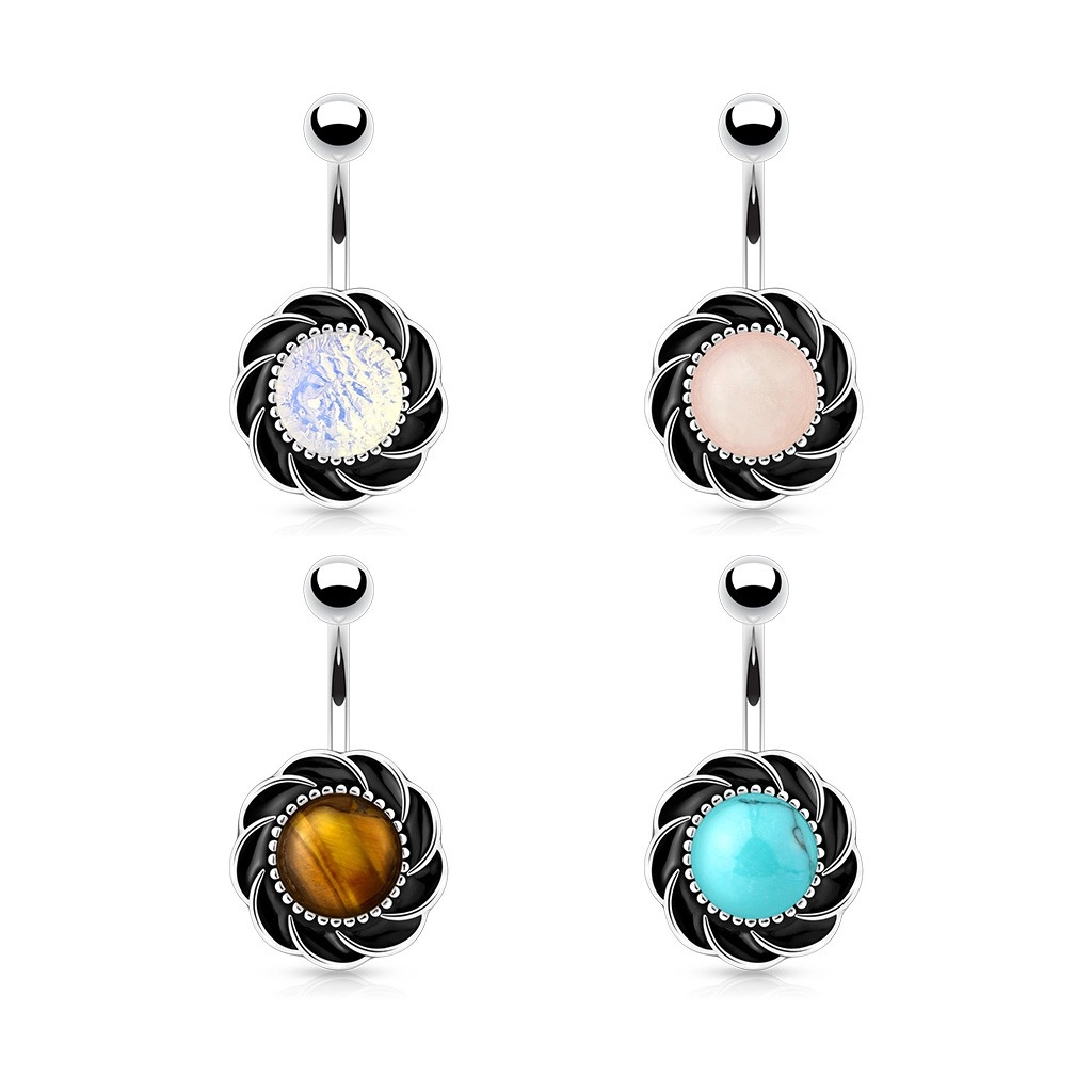Ocelový piercing do bříška, květ s černými lupínky a kulatým středem - Barva piercing: Duhová