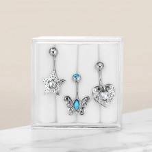 Set piercingů do bříška z chirurgické oceli, motýl, srdce a hvězda