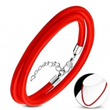 Červený náhrdelník obtočený lesklou nití, nastavitelná délka, karabinka