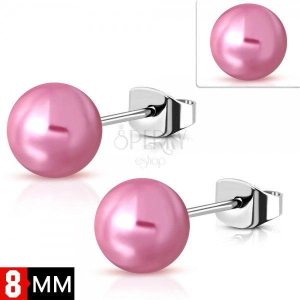 Ocelové náušnice stříbrné barvy s perleťově růžovou kuličkou, 8 mm