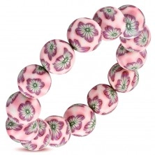 Elastický náramek, FIMO korálky v růžové a bílé barvě, květy, gumička
