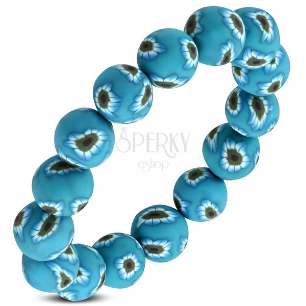 Pružný náramek FIMO, modré korálky s květy na gumičce