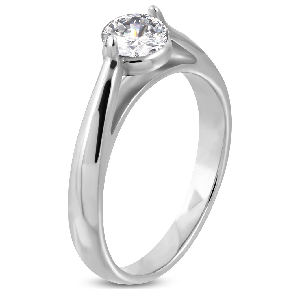 Zásnubní prsten, ocel 316L stříbrné barvy, čirý zirkon, zaoblená ramena - Velikost: 54