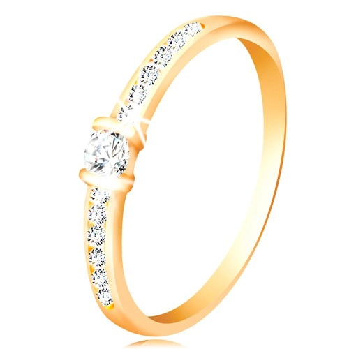Zlatý prsten 14K - čirá třpytivá ramena, vyvýšený kulatý zirkon čiré barvy - Velikost: 58