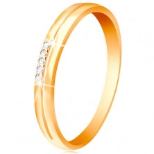 Prsten ve žlutém zlatě 585, ramena s úzkým výřezem, čirá zirkonová linie