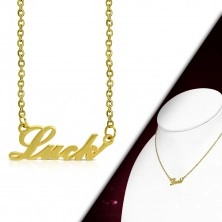 Ocelový náhrdelník zlaté barvy, řetízek a přívěsek - nápis Luck