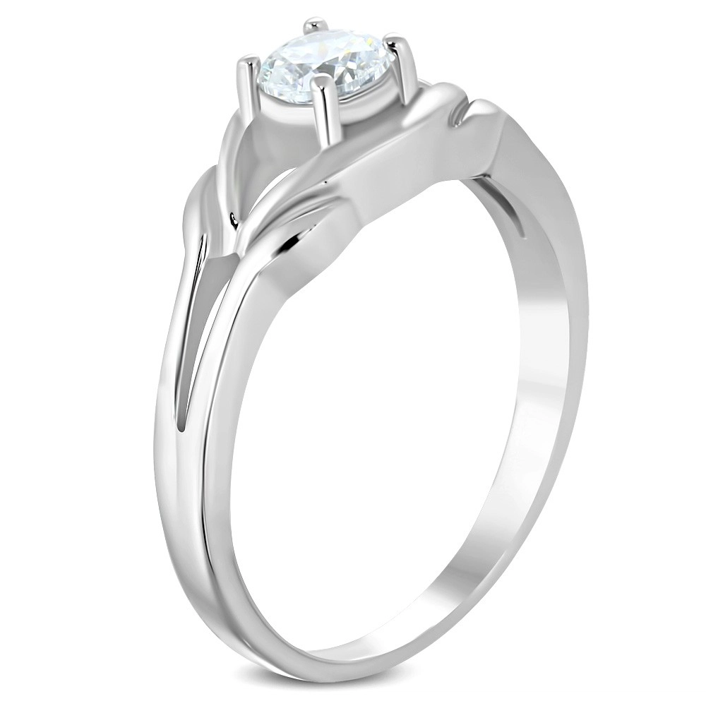 Ocelový prsten stříbrné barvy, čirý zirkon, rozdělená ramena - Velikost: 52