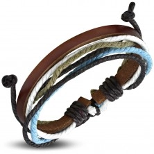Šňůrkovo-koženkový náramek, úzký hnědý pás umělé kůže, barevné šňůrky