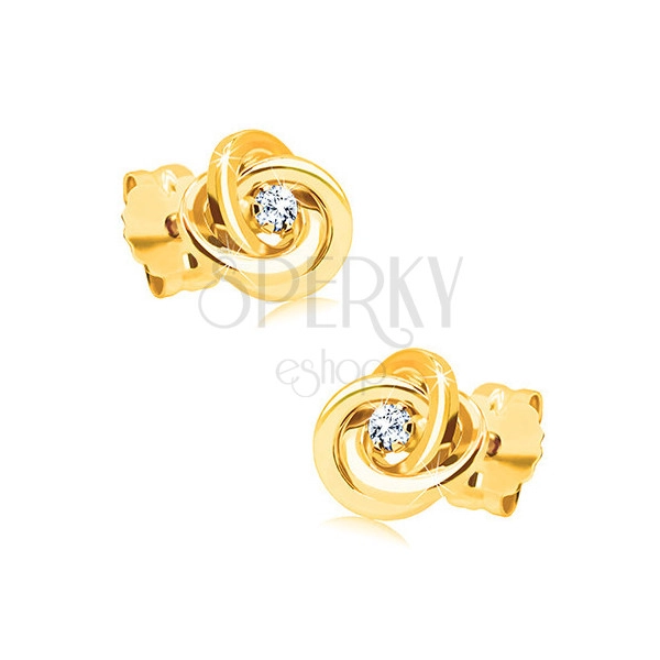 Diamantové náušnice ze žlutého zlata 585 - uzel ze tří prstenců, čirý briliant