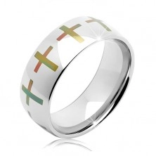 Prsten z chirurgické oceli stříbrné barvy, barevné kříže po obvodu, 8 mm